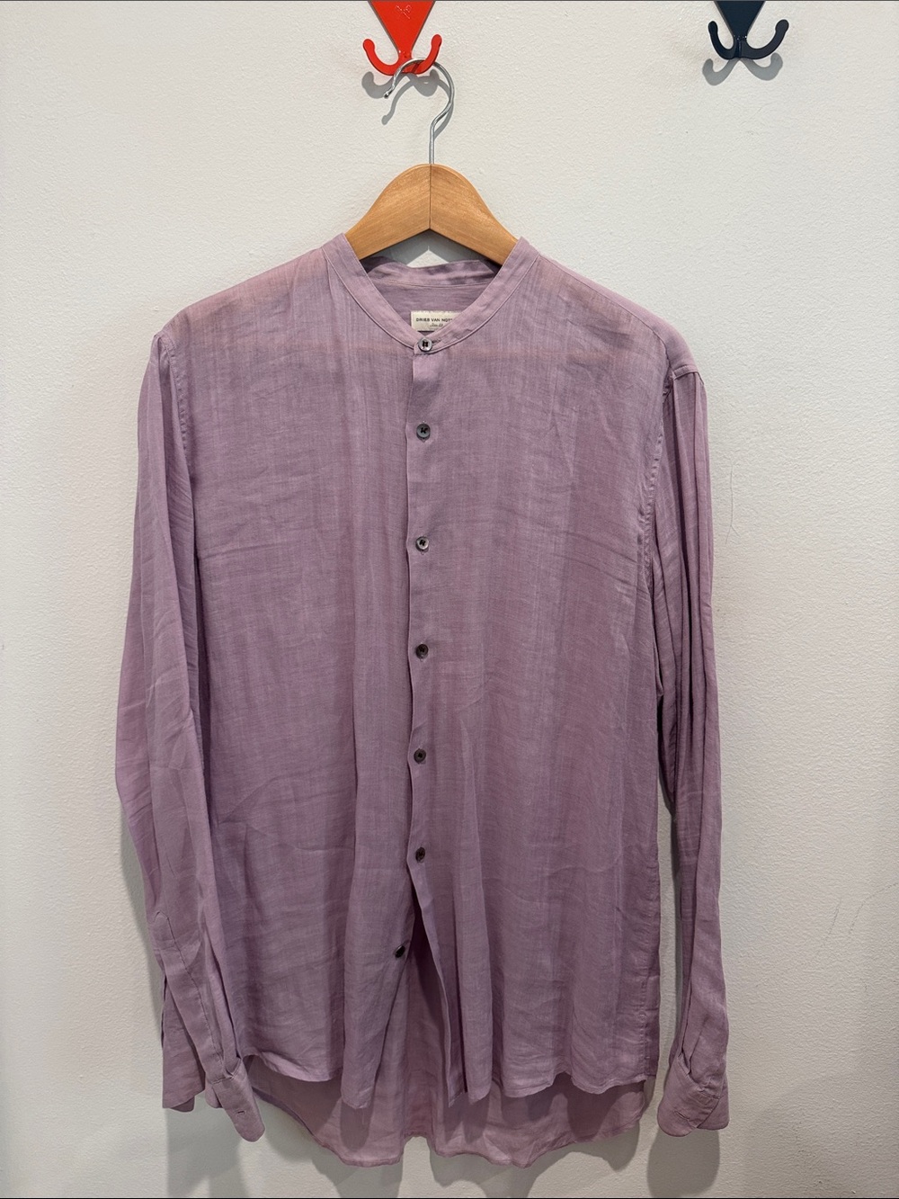 Dries Van Noten Lilac Collarless Men's Button-Down Shirt